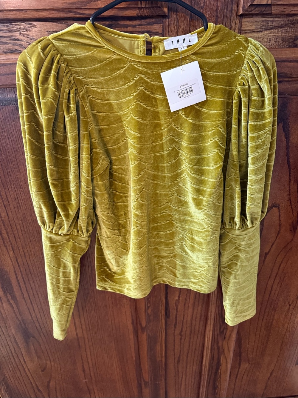 THML Chartreuse Velvet Puff-Sleeve Top